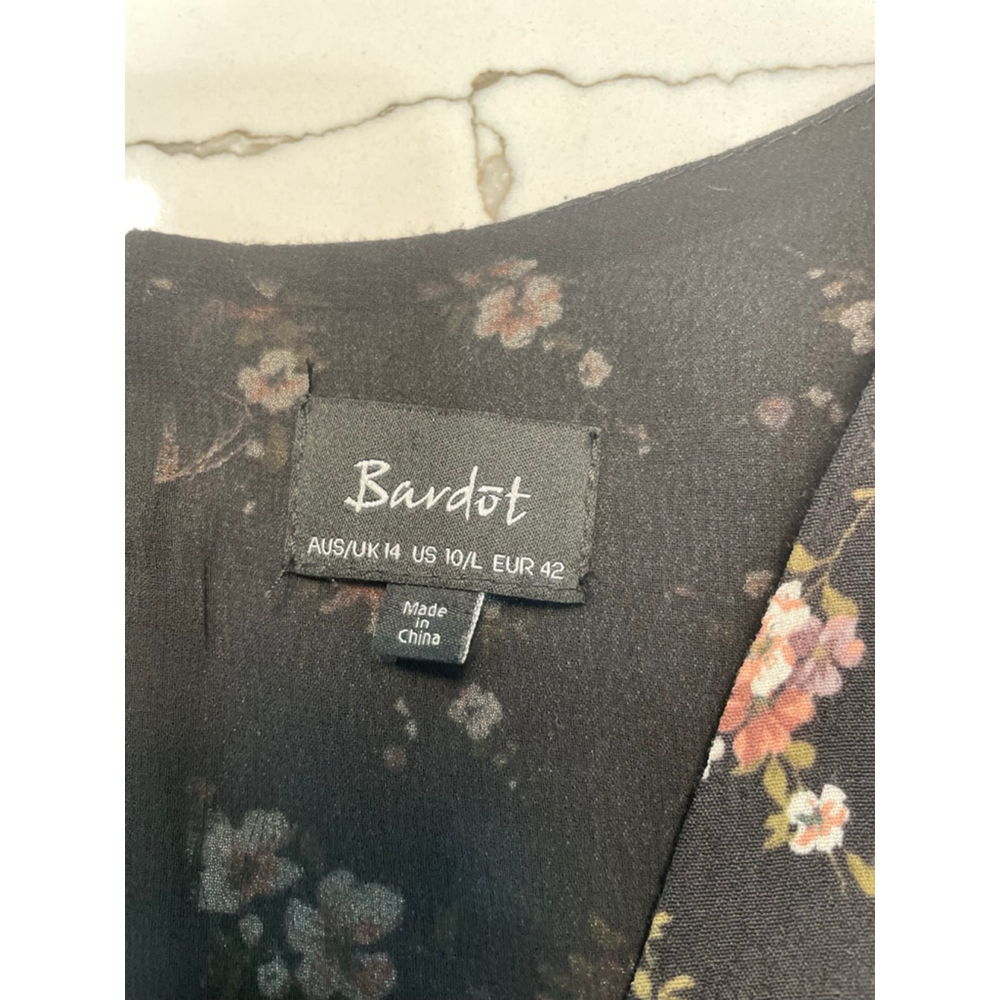 Bardot Black Dark Floral Tie Front Mini Dress 10 Large Grunge Cottage Romantic - Picture 6 of 9